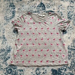 Beacon Cove Linen Heather Gray Tee with Pink Flamingo Pattern NWOT